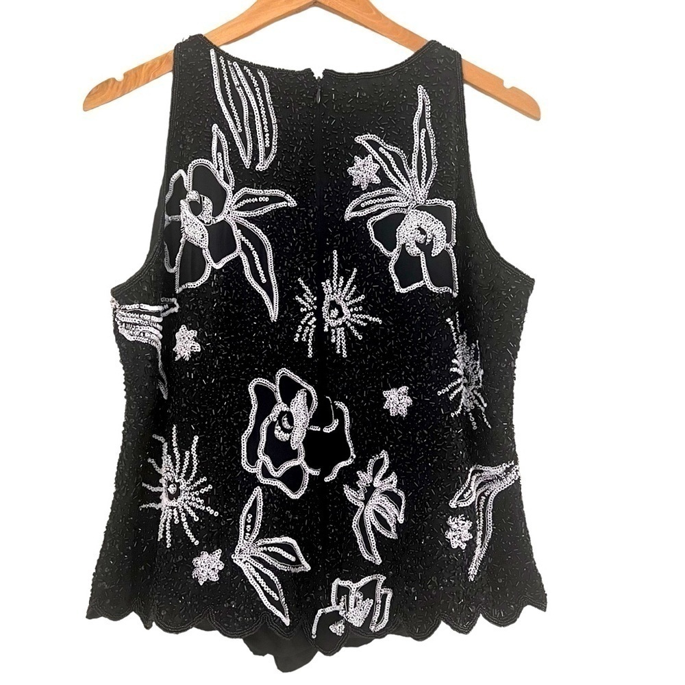 VTG Shanghai Nites Silk Beaded White/Black Top with bugle beads/sequins Size 16 - Picture 3 of 14